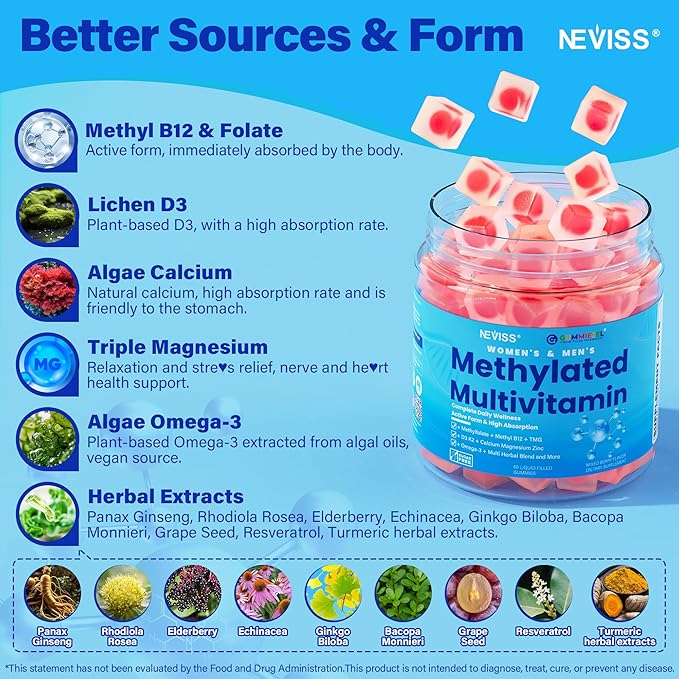 Methylated Multivitamin for Women &amp Men Gummies w/ Omega-3 Calcium D3 K2 Methylfolate &amp B12 TMG Daily Vitamin A C E B Complex Magnesium CoQ10 Probiotic for Overall Health- Vegan Su