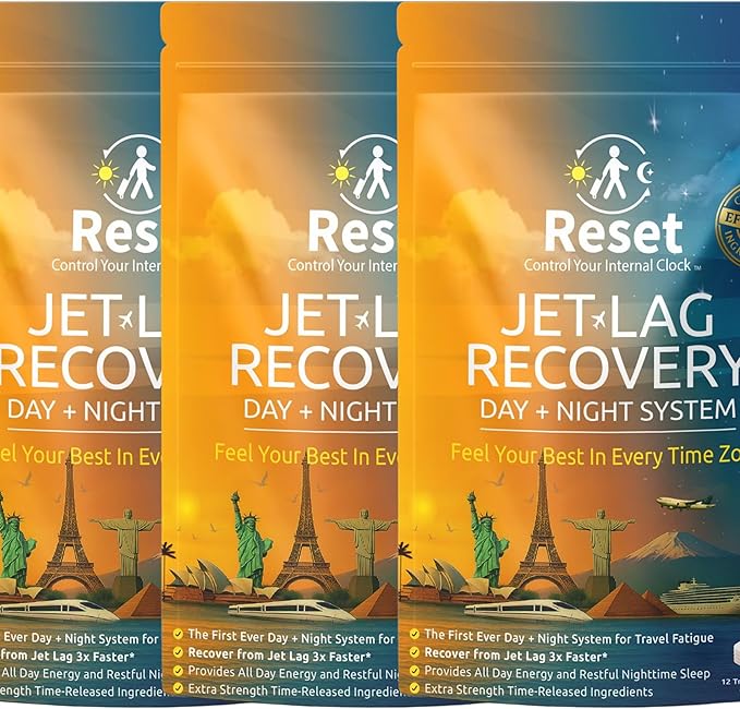 Reset Jet Lag Recovery System | Day and Night Transdermal Patches with Extra Strength Melatonin Magnesium and B Vitamins | Travel Fatigue Relief Sleep Support | Energy Boost | Family Travel - 3pk