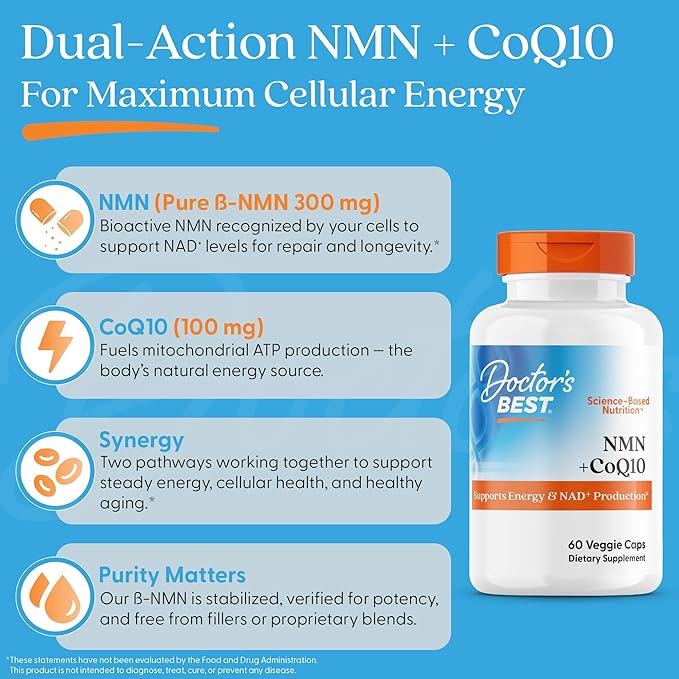 Doctor's Best NMN + CoQ10 Supplement for Women &amp Men - Supports NAD+ Production &amp Cellular Energy Beta Nicotinamide Mononucleotide 150 mg &amp Coenzyme Q10 50 mg per Capsule Vegan Non GMO-