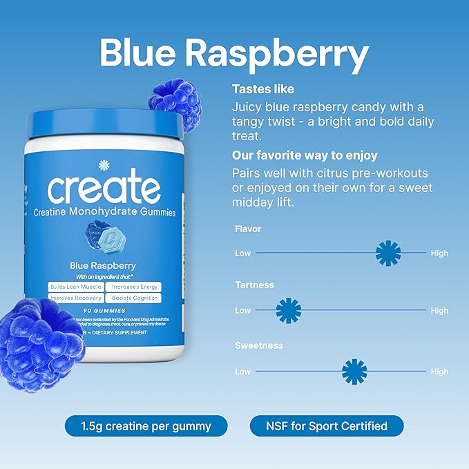 Create Creatine Monohydrate Gummies - Cool Crush Duo - Watermelon &amp Blue Raspberry - Creatine Gummies for Women &amp Men NSF Certified 3rd Party Tested Anti-Melting Formula 180 Count (2-Pack)