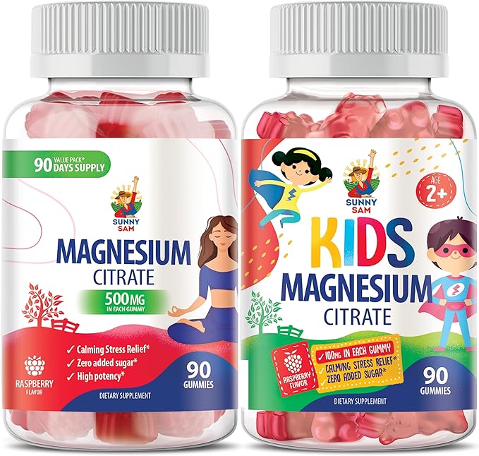 SUNNY SAM Magnesium Gummies for Kids &amp Magnesium Gummies for Adults - 500mg - Calm Magnesium Chews - Magnesium Citrate Chewable Supplement for Mood &amp Muscle Support