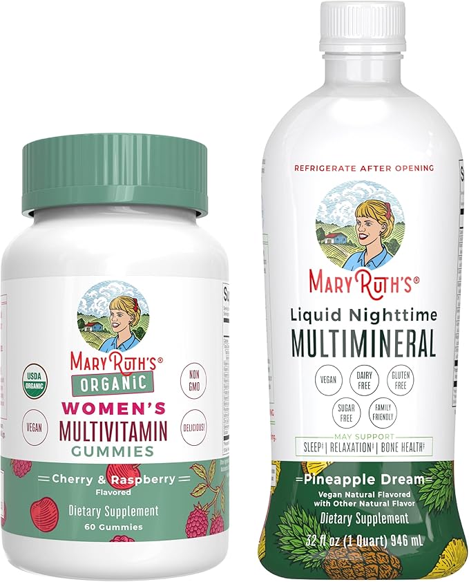 MaryRuth's Multivitamin Gummies for Women (Cherry &amp Raspberry) &amp Liquid Nighttime Multimineral (Pineapple) | Clean Label Project Verified® | Vegan | Beauty Bedtime Routine &amp Overall Heal