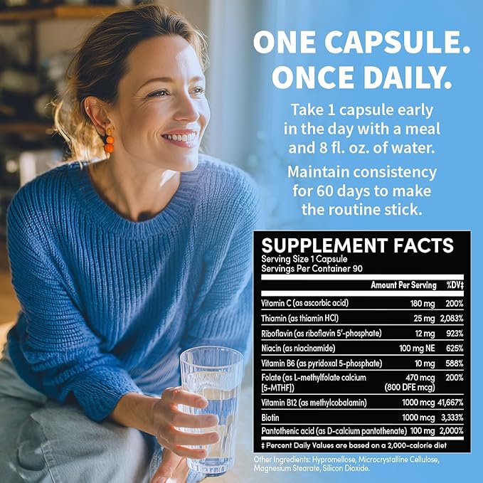 9-in-1 Methylated B Complex with Vitamin C B Complex B12 &amp L-5-MTHF - Vegan Non-GMO Gluten-Free &amp GMP-Certified Energy Brain &amp Wellness Daily Methylcobalamin Multivitamin (90 Servings
