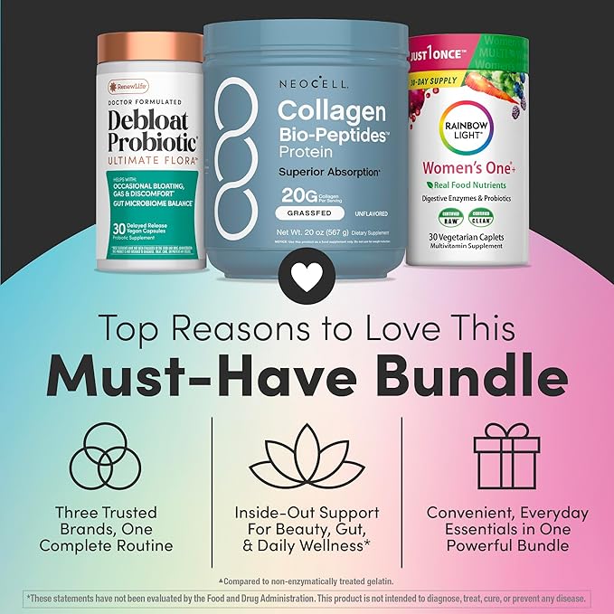 Women’s Debloat Beauty &amp Balance Bundle | 3-in-1 Bundle Pack | NeoCell Collagen Bio-Peptides Protein | Debloat Probiotic | Women’s One + Multivitamin