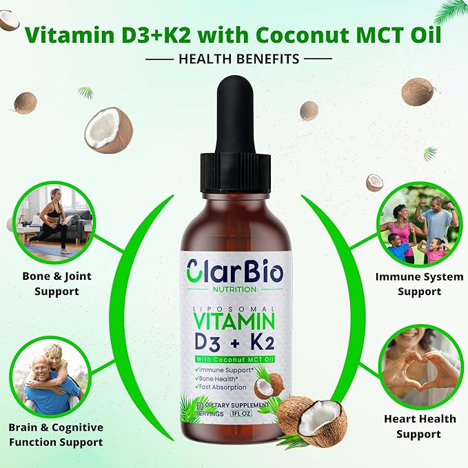 Liposomal Vitamin D3 K2 (MK-7) Liquid Drops with MCT and Olive Oil | Vitamin D3 5000iu | Bone &amp Heart Health | Immune &amp Joint Support Supplement | Maximum Absorption| Made in USA