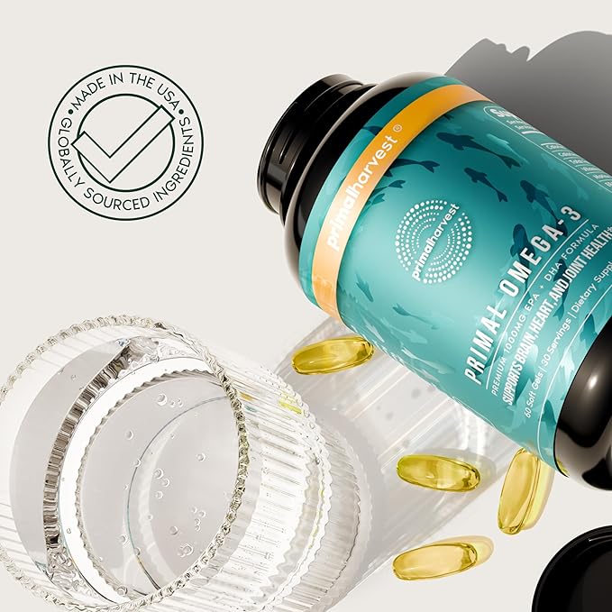 Primal Harvest Omega 3 Fish Oil Supplements 30 Servings Soft Gels Capsules w/ 1000mg EPA + DHA Supplements No Fishy Burps Non-GMO Omega 3 Fatty Acid