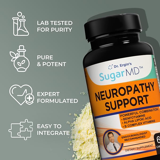 SugarMD Neuropathy Support Supplement – 60 Nerve Capsules with Alpha Lipoic Acid Benfotiamine &amp Vitamin D3 B6 B12 - Nerve Support for Feet Hands Fingers &amp Legs - 30 Day Supply