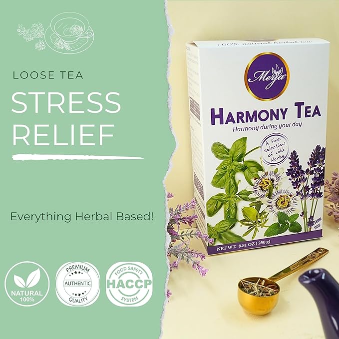 Merja Harmony Tea and Oil Set Natural Stress Relief Caffeine-Free Herbal Blend 8.81 oz Tea and 0.68 fl oz Oil