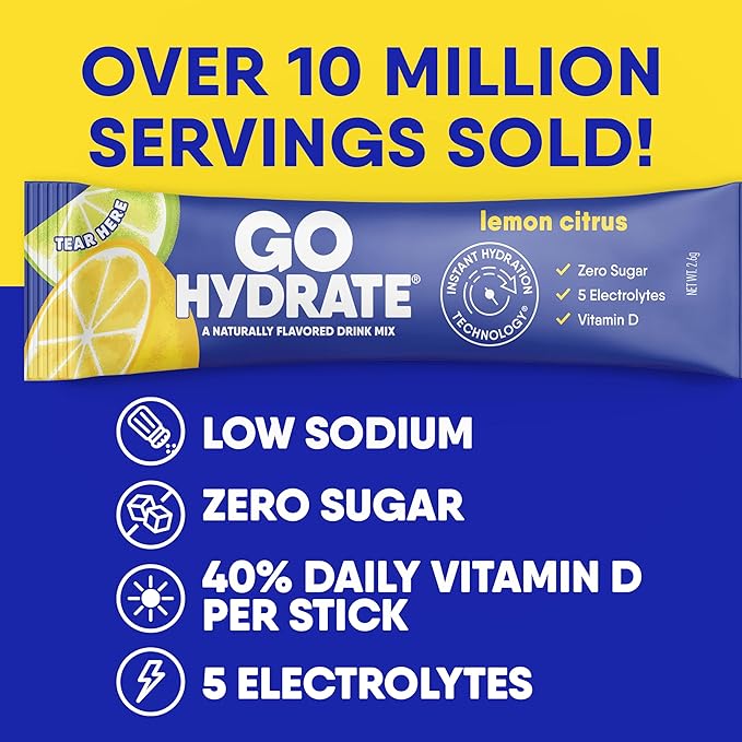 GoHydrate Instant Hydration Powder Packets - Low Sodium Electrolytes Drink Mix - Natural Hydration Support Sugar Free Electrolyte Flavored Powder Drink with Vitamin D 30 Packs Lemon Citrus