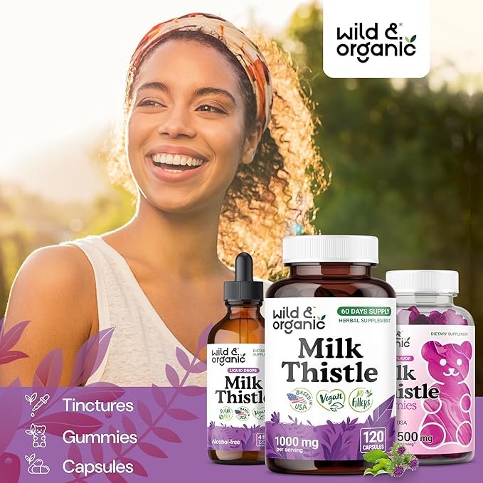 Wild &amp Organic Milk Thistle Capsules 1000mg - Liver Detox Cleanse - Silymarin Milk Thistle Supplement for Liver Support - 120 Vegan Capsules - 2-Month Supply - No Fillers Non-GMO