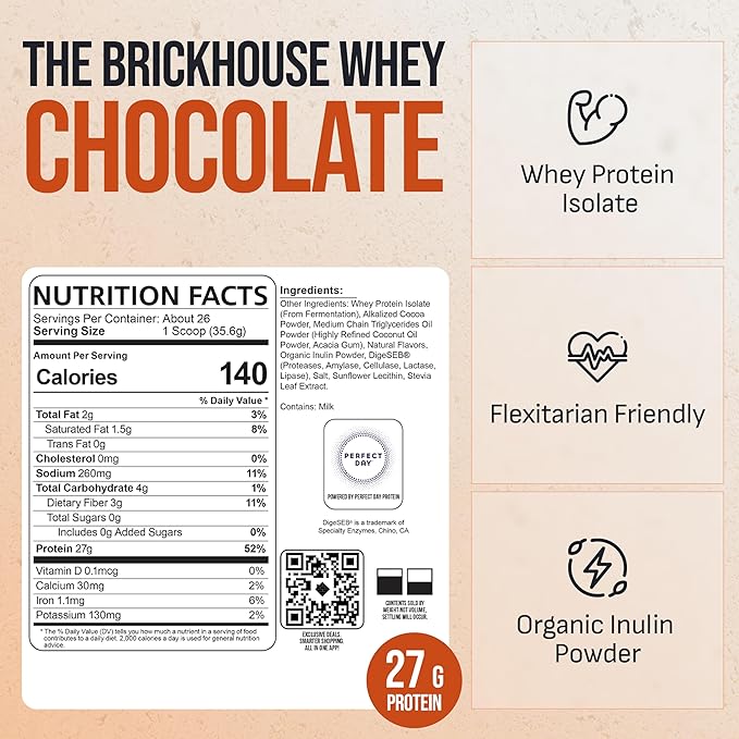 BRICKHOUSE NUTRITION Whey Protein | Fermented Whey Isolate Protein Powder | Lactose-Free Post-Workout Recovery Powder - Chocolate - 1 Pack
