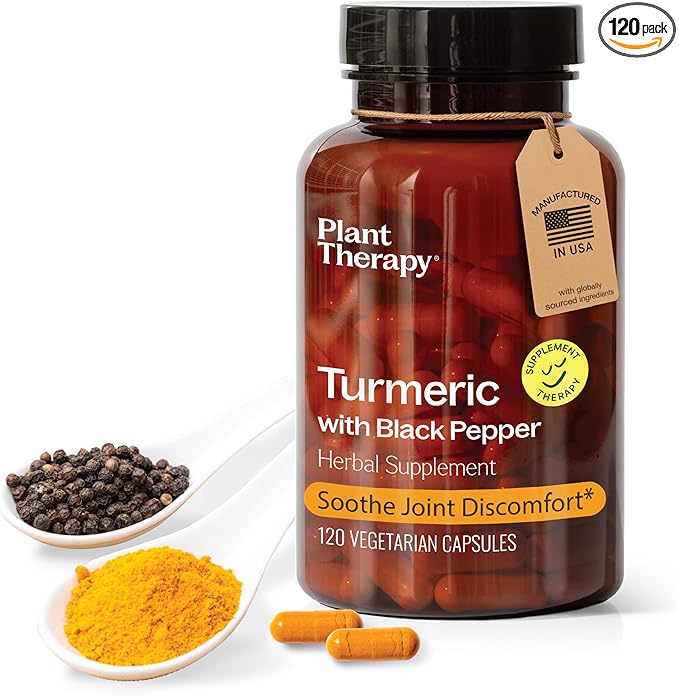 Plant Therapy Turmeric Black Pepper Supplement Capsules Manufactured in USA 4 Month Supply Supports Joint and Muscle Health Supplements for Women &amp Men 120 Vegetarian Capsule