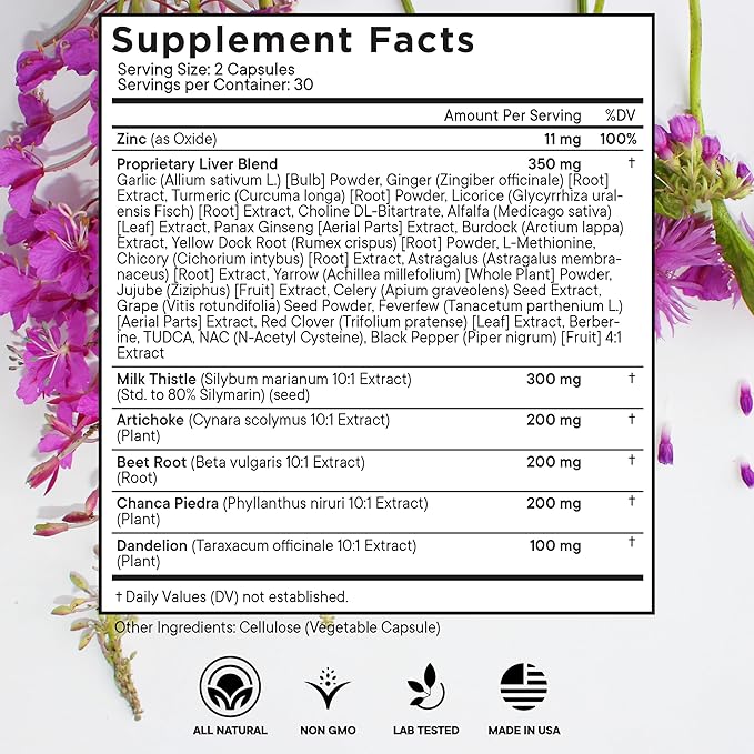 Milk Thistle NAC Chanca Piedra Beet Root Artichoke Dandelion Root - Liver Supplement Plus Astragalus TUDCA Choline &amp Ginger- 120 Count