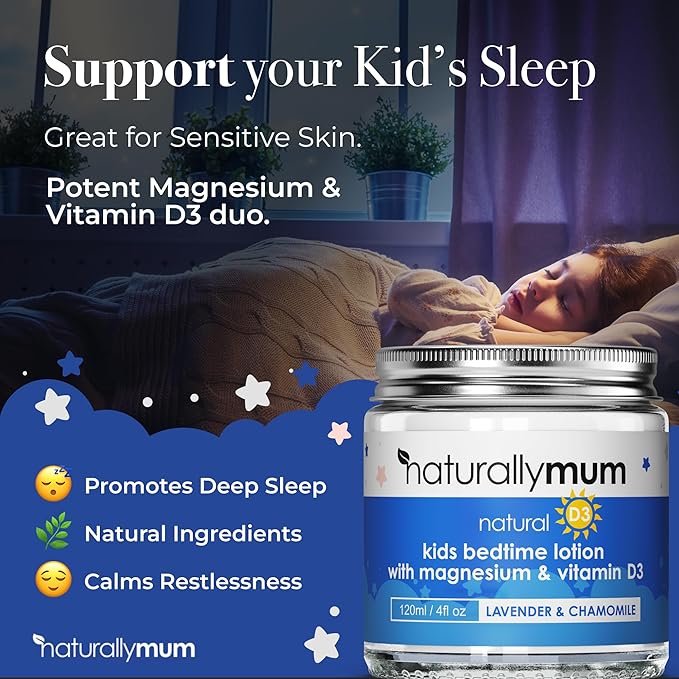 NaturallyMum Kids Magnesium Bedtime Lotion with Vitamin D | Support for Sleep Heart Bone Nerve Gut and Muscle Health | Alternative to Melatonin | Lavender &amp Chamomile 4.2 fl oz