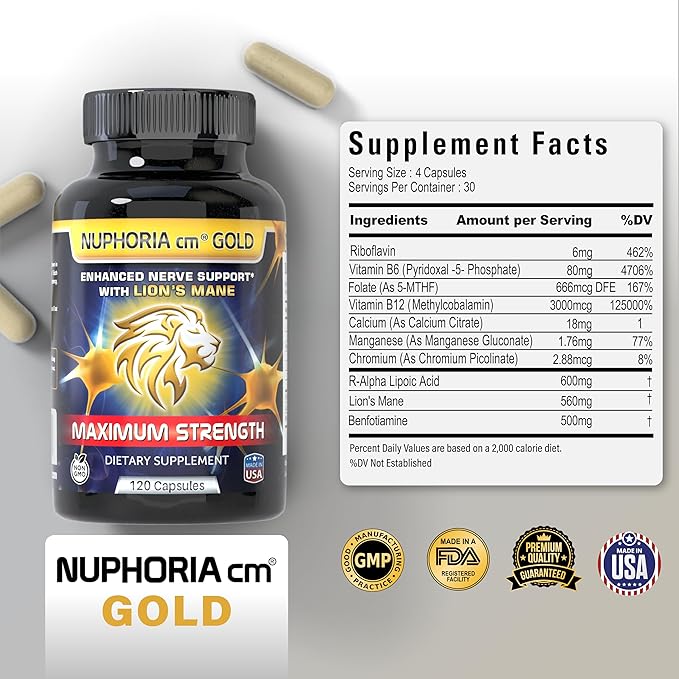 Nuphoria cm® Gold - Nerve Support Formula with R-Alpha Lipoic Acid and Premium B Vitamins - 30 Day Supply 120 Capsules