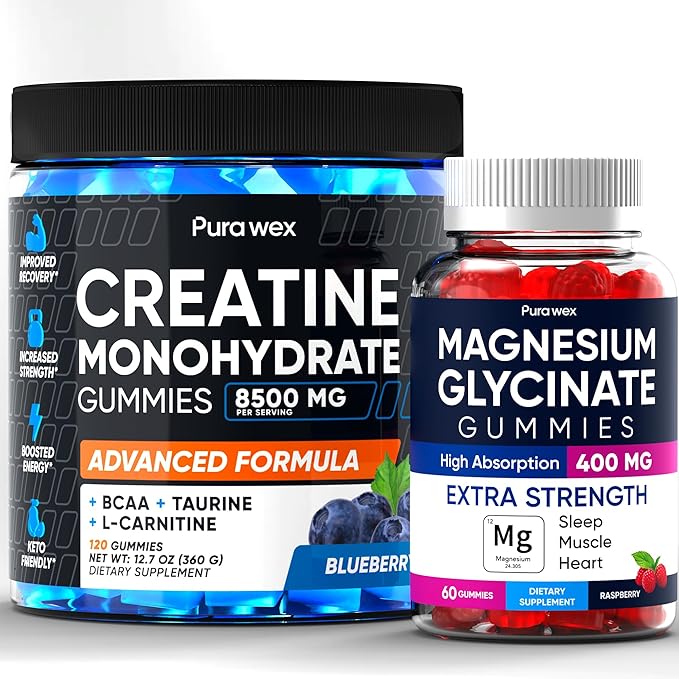 Creatine Monohydrate Gummies 8500mg + Magnesium Glycinate 400mg – Support for Muscles Strength &amp Wellbeing – Vegan Sugar Free 2-Pack Supplement Bundle