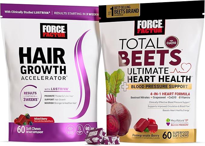 Force Factor Hair Growth Accelerator Mixed Berry 60 Soft Chews + Total Beets Ultimate Heart Health Blood Pressure Support Chews with CoQ10 Pomegranate Berry 60 Soft Chews