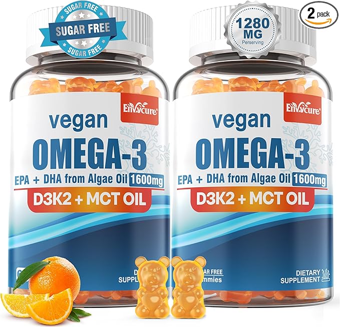 Vegan Omega 3 Gummies 1280mg + Vitamin D3 K2 (MK7) Omega 3 Fish Oil Alternative for Adults w/Algae EPA 600mg &amp DHA 400mg MCT Oil - No Fish Taste - for Brain Eye Immune Health Sugar Free 2 P