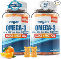 Vegan Omega 3 Gummies 1280mg + Vitamin D3 K2 (MK7) Omega 3 Fish Oil Alternative for Adults w/Algae EPA 600mg &amp DHA 400mg MCT Oil - No Fish Taste - for Brain Eye Immune Health Sugar Free 2 P