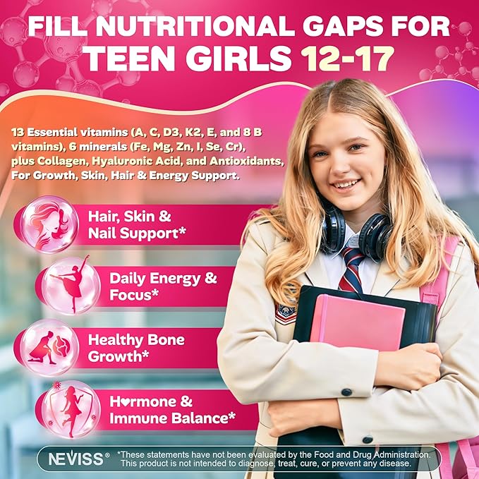Methylated Multivitamin Gummies for Teen Girls 12-17 Methylfolate Iron Collagen D3 K2 Magnesium Zinc Daily Vitamins A C E B Complex for Teenager Growth Skin Bone Energy - Sugar Free 60 Cts