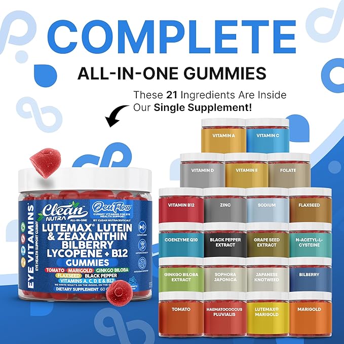 Clean Nutra Lutein and Zeaxanthin Eye Vitamins Gummies + Bilberry for Eyes Vision Support Ginkgo Biloba Marigold Vitamin B12 Flaxseed Black Pepper CoQ10 Vitamin A l 60 Count B OcuFlow