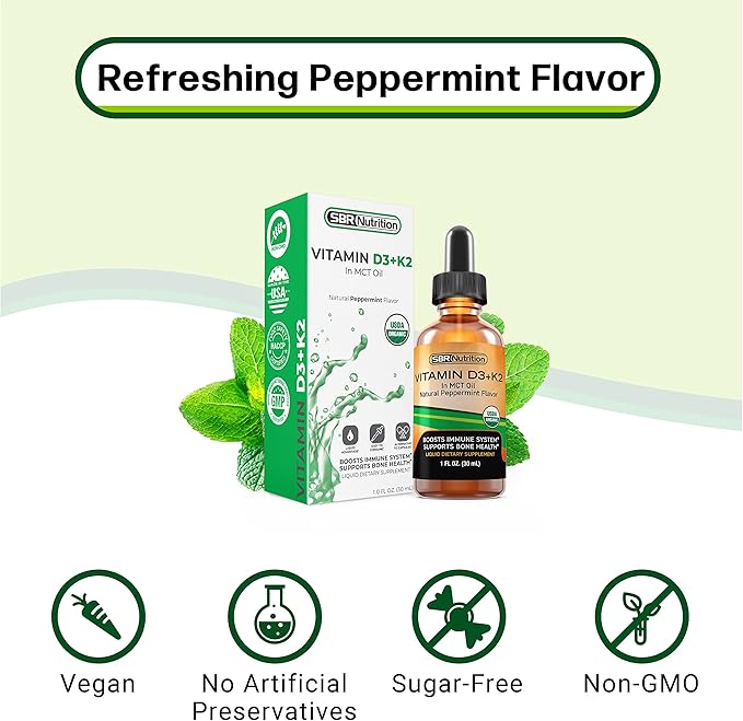 SBR Nutrition MAX Absorption Vitamin D3 + K2 (MK-7) Liquid Drops with MCT Oil Peppermint Flavor Helps Support Strong Bones and Healthy Heart