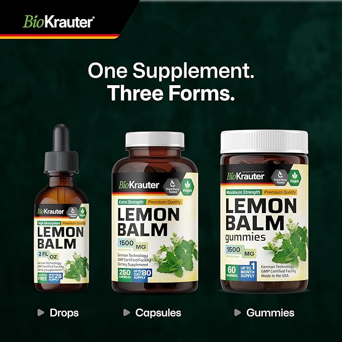 BIO KRAUTER® Lemon Balm Tincture 680 mg Melissa Officinalis - Pure Vegan Lemon Balm Extract 2 Fl.Oz 28 Days of Supply - Natural Calming &amp Sleep Support - Alcohol &amp Sugar Free - Digestion &amp
