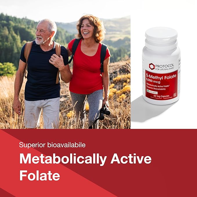 PROTOCOL FOR LIFE BALANCE 5-Methylfolate 5000mcg - Superior Methyl Folate Bioavailability - for Brain Support - Folate Supplement for Women &amp Men - Kosher &amp Vegan - 50 Veg Caps