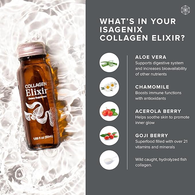 Isagenix Collagen Elixir - Drink with Marine Collagen Peptides - Support a Youthful Appearance with Vitamin C Zinc &amp Biotin - 10 Bottles (1 Box)