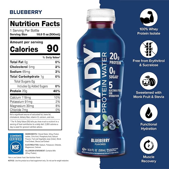 Ready® Clear Protein Water – 20g Whey Protein Isolate Zero Sugar Low-Calorie Sports Drink for Hydration &amp Recovery – Electrolytes Essential Amino Acids – Blueberry 16.9 fl oz Bottles (12-Pack)