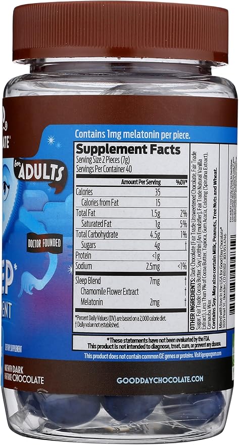 Good Day Dark Chocolate Melatonin for Adults [ 80 Count ] - Fair Trade Non-GMO Dark Milk Chocolate with Chamomile and Melatonin 1 mg - Adult Melatonin Adult Natural Sleep Aid Supplement