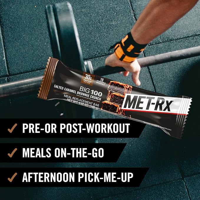MET-Rx Big 100 Protein Bar Meal Replacement Bar 30G Protein Salted Caramel Brownie Crunch 9 Count 3.52 Oz.(Packaging may vary)