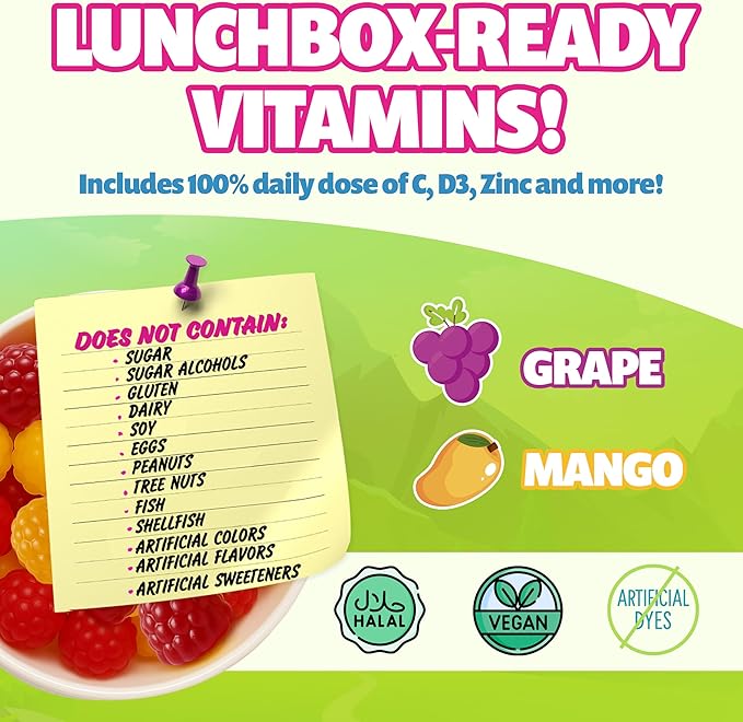 Kids Daily Multivitamin - Healthy Snacks For Kids – No Sugar No Dyes Monk Fruit Sweetened Vegan Gluten-Free- 100% Daily Value of Vitamins C D3 Zinc – 30 Travel Lunch Packs of Sugar Free Gummies