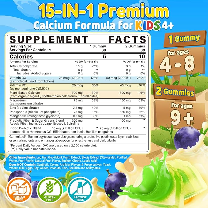 Kids Calcium Gummies + Vitamin D3 (1000IU/2000IU) K2 Magnesium Phosphorus Probiotic Algae Calcium Supplement for Kids 4+ &amp Teens for Bones &amp Teeth Extra Calcium Absorption Sugar Free 6