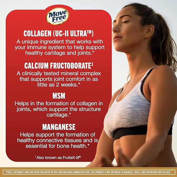 Move Free Ultra Pro with Quadruple Action Joint Support - Type 2 Collagen MSM Calcium Fructoborate &amp Manganese - Supports Joint Cartiliage Bone Connective Tissue 120 Tablets (30 servings)
