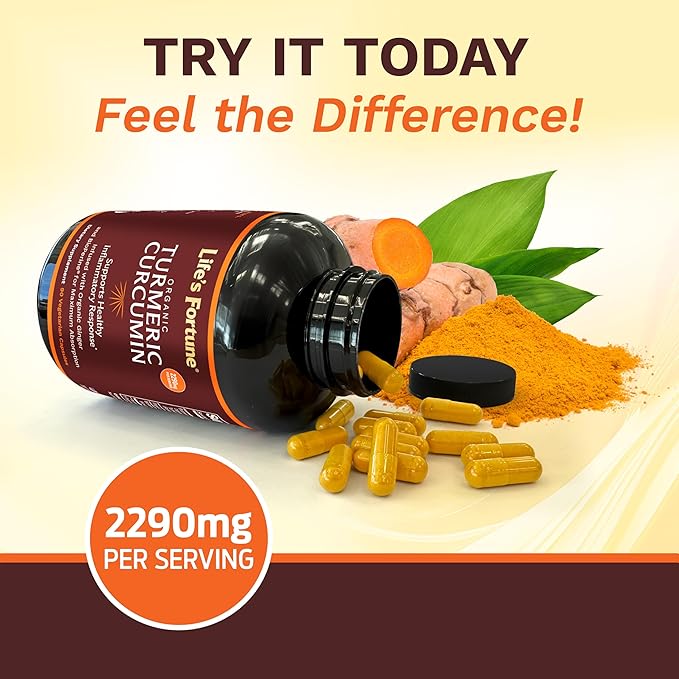 Life's Fortune Organic Turmeric Curcumin with Black Pepper and Ginger Enhanced Absorption Extra Strength Supplement Joint &amp Immune Support Non-GMO 90 Cap - 2250mg