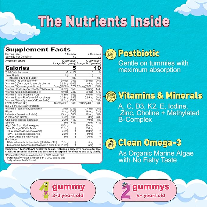 Organic Toddler Multivitamin Gummies + Omega-3 (DHA/EPA) Postbiotics | kids 2+ multivitamin | Vitamins A C D3 Methyl B12 Folate Zinc for Immune Digestive Brain Healthy Growth Sugar-Free 60Cts