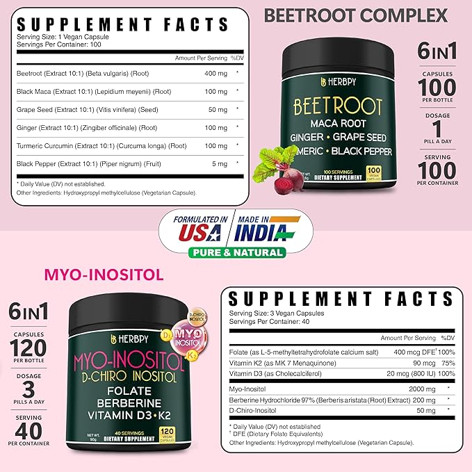Bundle 6in1 Beet Root Supplements 100 Count &amp 6in1 Myo-inositol &amp D-Chiro Inositol Supplement for Women 120 Count - for Immune Heart Health &amp Overall Health