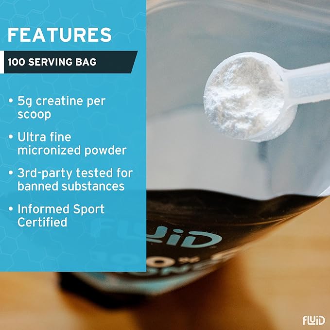 Fluid Creatine - Informed Sport Certified | Ultra-Fine Micronized 100% Creatine Monohydrate Powder | Unflavored | 5g Serving | 100 Serving Bulk Pack