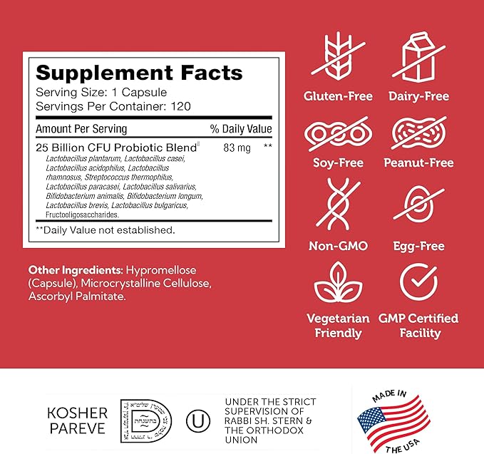 Zahler BioDophilus25 25 Billion CFU Probiotic + Prebiotic - 11 Strains Daily Probiotic Supplement - Kosher Probiotics for Women for Digestive Health Probiotics for Men for Gut Health (120 Capsules)