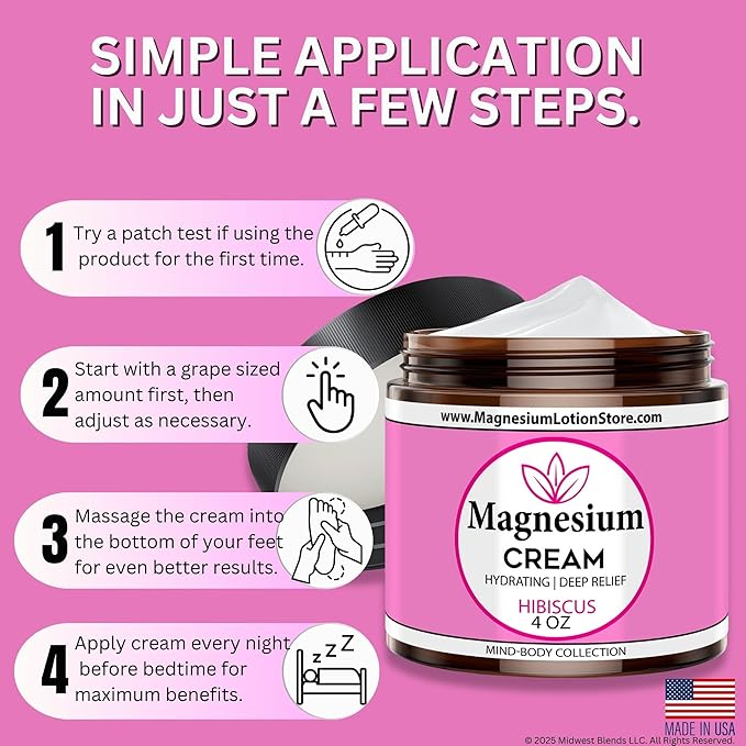Magnesium Cream with Hibiscus Scent – Topical Magnesium Cream for Sleep Leg Cramps &amp Pain Muscle Relaxation Calm Moisturizing Supplement with Coconut Oil Shea Butter 4 oz USA Made