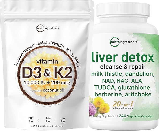 Micro Ingredients Vitamin D3 10000iu + K2 200mcg Softgels &amp Liver Detox 2 Pack Bundle | Essential D &amp K Sunshine Vitamins | 20-in-1 Advanced Formula with Milk Thistle Dandelion &amp More