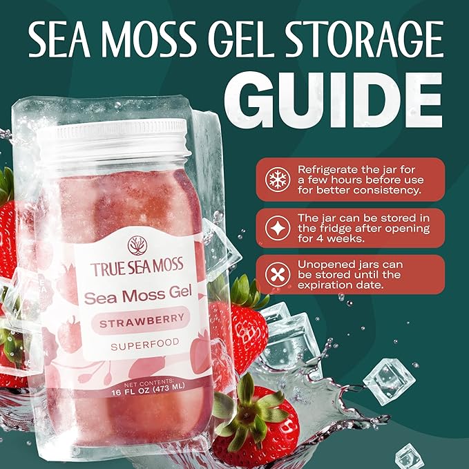 TrueSeaMoss Sea Moss Gel – Made in USA – Wildcrafted Seamoss Fruits &amp Jarred Vegetables – Strawberry Pack of 1 (Labels may Vary)