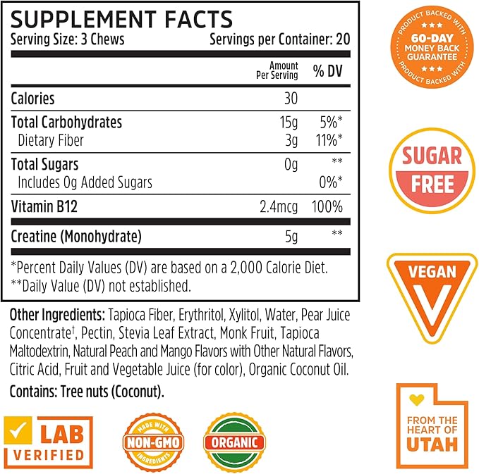 ZHOU Creatine Chews - Creatine Monohydrate Gummies for Men &amp Women with Vitamin B12 Sugar Free Vegan Organic Non GMO 5g Per Serving - Peach Mango Flavor 20 Servings 60 Chews