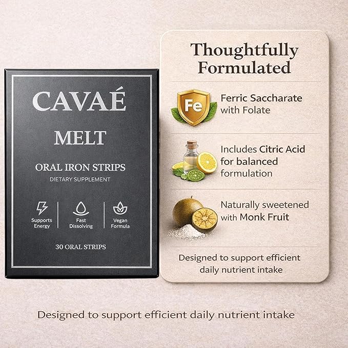 Cavae Iron Melts with 19mg Ferric Saccharate Folate Citric Acid Monk Fruit Naturally Enhances Iron Absorption Gut Health Boost EnergyZero Sugar Raspberry Flavor 30 Oral Strips (1)