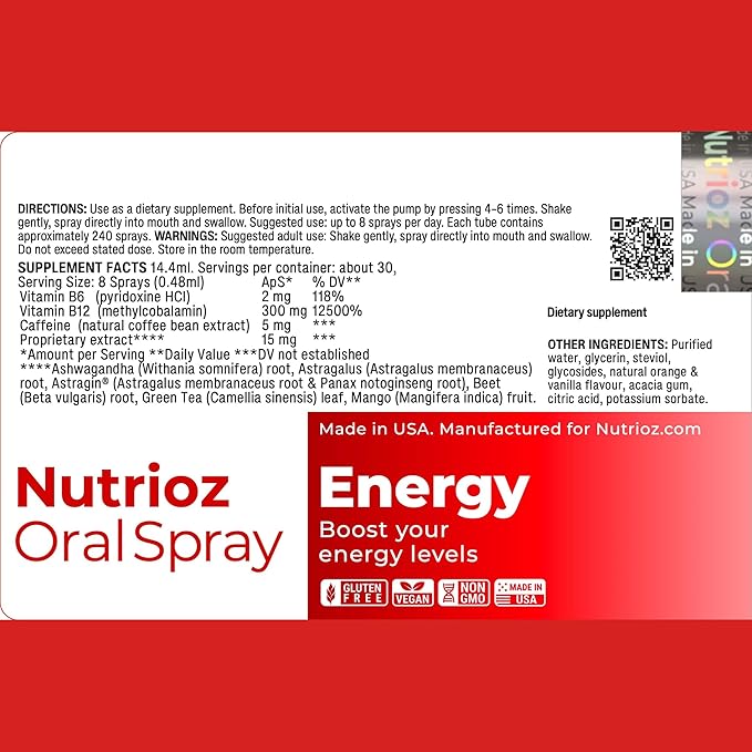 Energy Oral Spray Vitamin B6: 2 mg (118% DV) and Vitamin B12: 300 mcg (12500% DV) Supplement with Natural Caffeine and Botanical Blend Vegan Gluten Free Non-GMO Orange &amp Vanilla Flavor