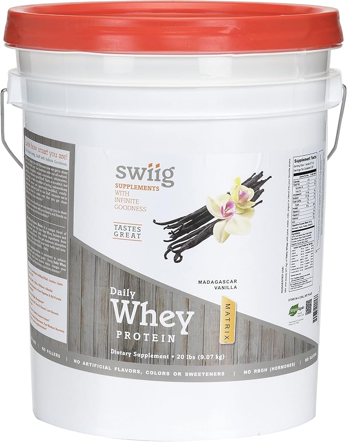 swiig Premium Daily Whey Matrix Vanilla 20lb – 20g Protein per Serving with Amino Acids for Muscle Recovery – Gluten-Free Non-GMO No Fillers No Artificial Flavors