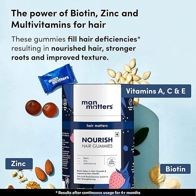 Man Matters Biotin Hair Gummy for Healthy Hair | No Sugar Added | Biotin Gummies with Hair Vitamins | Vitamin A Vitamin C Vitamin E &amp Zinc | 60 Gummies
