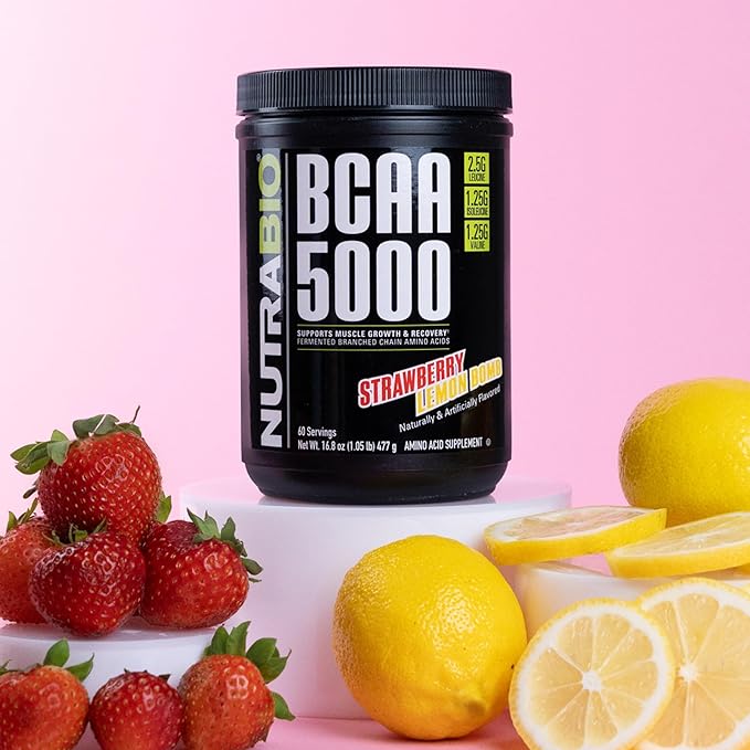 NutraBio BCAA 5000 Powder - Vegan Fermented BCAAs - Supports Lean Muscle Growth Recovery Endurance - 60 Servings - Strawberry Lemon Bomb