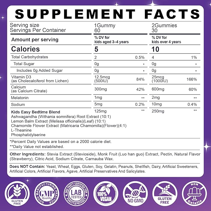 Kids Sleep Gummies Kid Calcium Gummies + D3 Sleep Aid Kid Ashwagandha Gummy Phosphatidylserine L-Theanine for Brain Focus Unwind Sweet Dream Magic Supplement for Kids Parents 2Pack